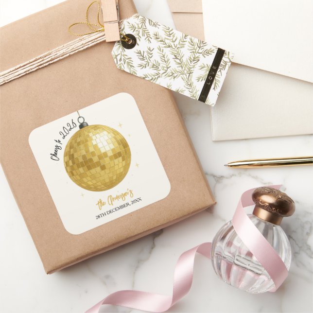 Adesivo Quadrado Champagne Disco Ball 2026 New Year Eve (Presentear)