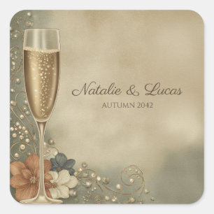 Adesivo Quadrado Champagne Floral de Casamento do Casal