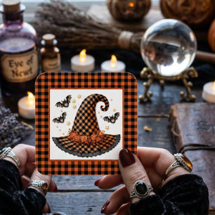 Adesivo Quadrado Chapéu de Bruxa de Gingham Laranja e Preto de Hall
