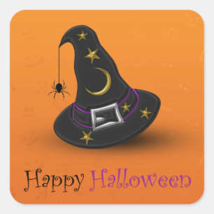 Adesivo Quadrado Chapéu de Bruxa de Halloween com Aranha