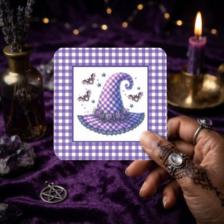 Adesivo Quadrado Chapéu de Bruxa de Halloween em Xadrez Roxo & Morc