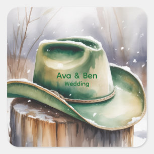 Adesivo Quadrado Chapéu de Cowboy Verde Aquarela em Casamento de Ne