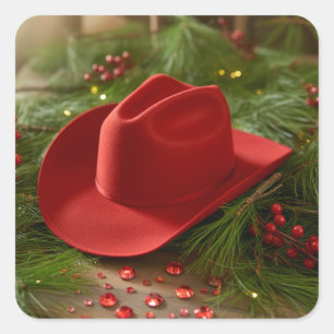 Adesivo Quadrado Chapéu de Cowboy Vermelho de Natal