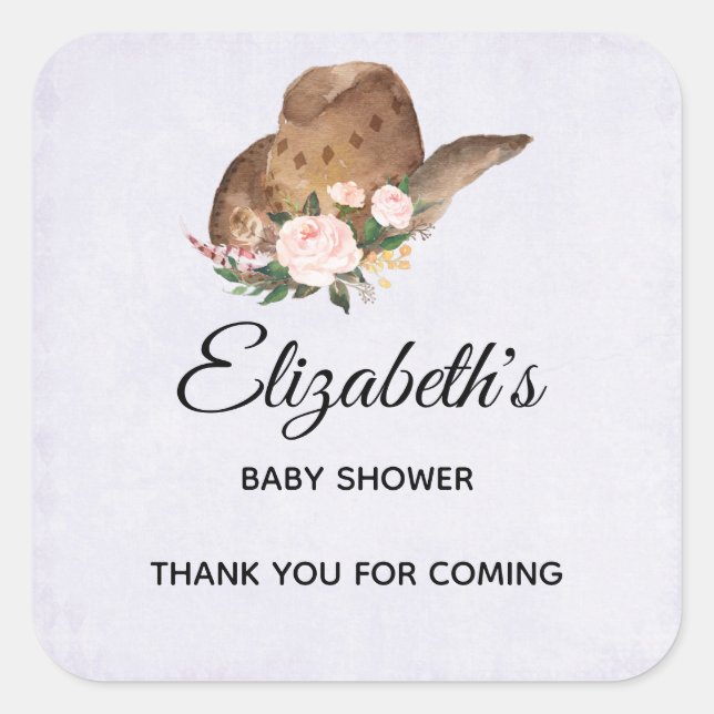 Adesivo Quadrado Chapéu de Cowgirl Brown com Festa de Flores Rosa (Frente)