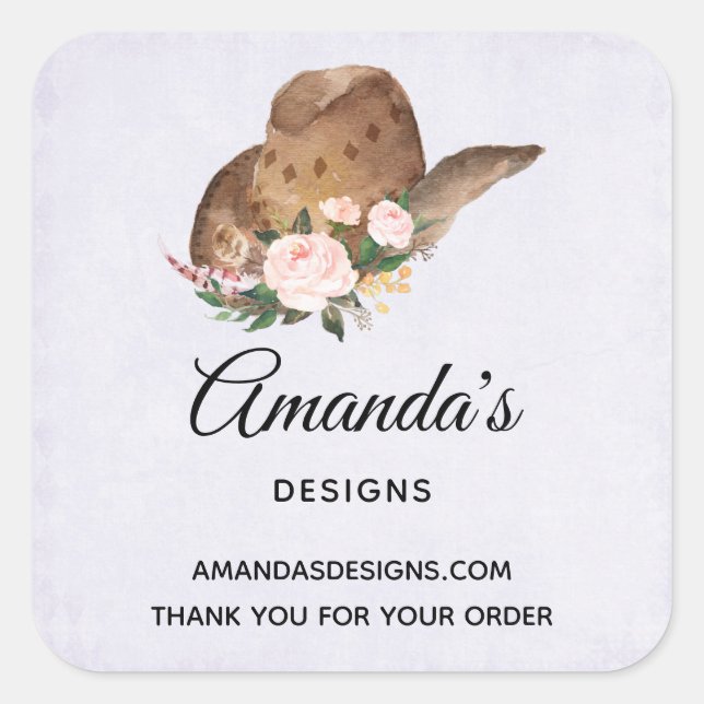 Adesivo Quadrado Chapéu de Cowgirl Brown com Flores Rosa (Frente)