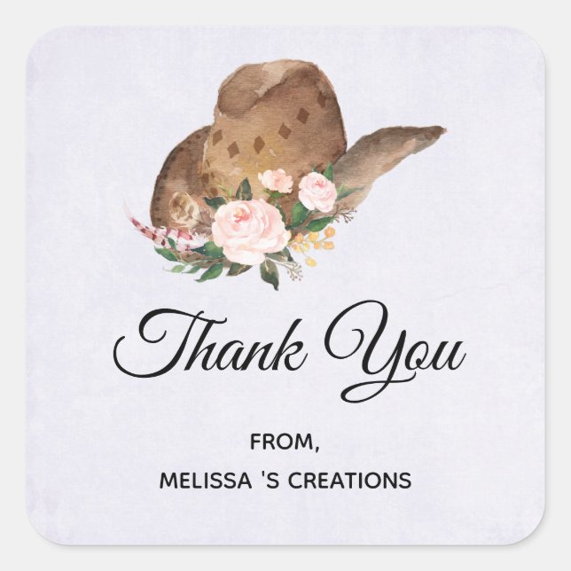Adesivo Quadrado Chapéu de Cowgirl Brown com Flores Rosa (Frente)