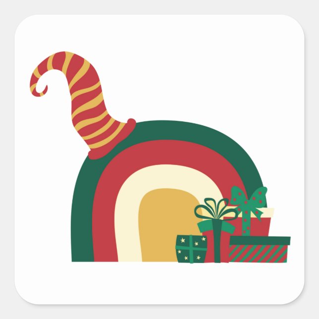 Adesivo Quadrado Chapéu de Elfo de Natal Arco-íris (Frente)