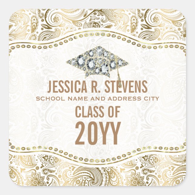 Adesivo Quadrado Chapéu de Graduação Floral Dourado e Branco de Pai (Frente)