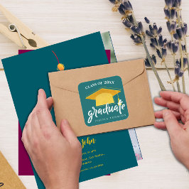 Adesivo Quadrado Chapéu de Graduado Ouro Verde Turma de 2026 Gradua