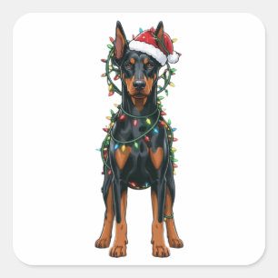 Adesivo Quadrado Chapéu de Papai Noel Doberman Luzes de Natal Féria