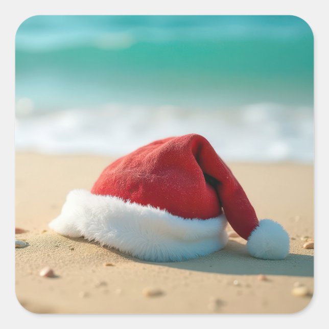 Adesivo Quadrado Chapéu de Papai Noel em uma praia tropical (Frente)