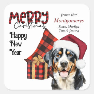 Adesivo Quadrado Chapéu de Papai Noel Xadrez de Búfalo Cão Montanhê