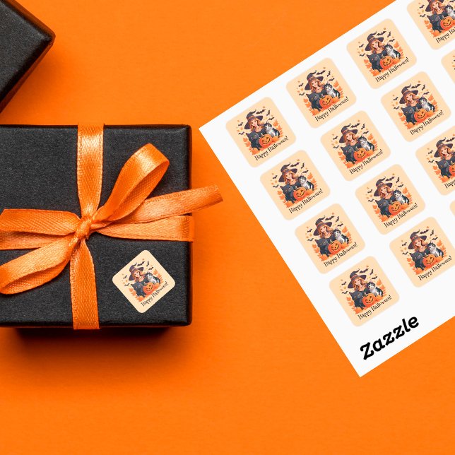 Adesivo Quadrado Chapéus de bruxas e abóboras no Halloween (Criador carregado)