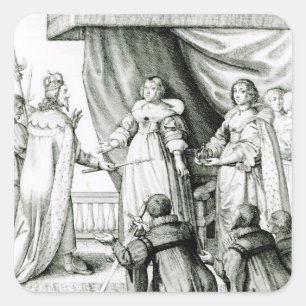 Adesivo Quadrado Charles I sendo doado com cetro e coroa