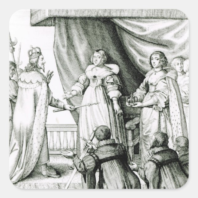 Adesivo Quadrado Charles I sendo doado com cetro e coroa (Frente)