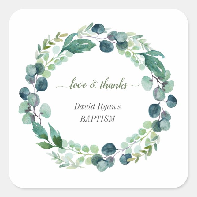 Adesivo Quadrado Charm Eucalyptus Foliage Wreath Boy Baptism (Frente)