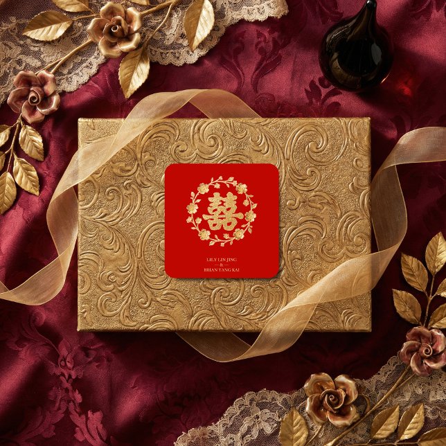 Adesivo Quadrado Charming Glitter Floral Chinese Double Happiness (Charming Glitter Effect Floral Chinese Double Happiness Symbol Classic Square Stickers Design.)
