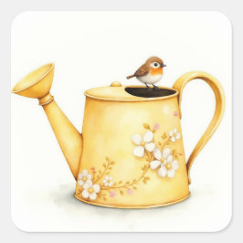 Adesivo Quadrado Charming little robin perched on a watering can