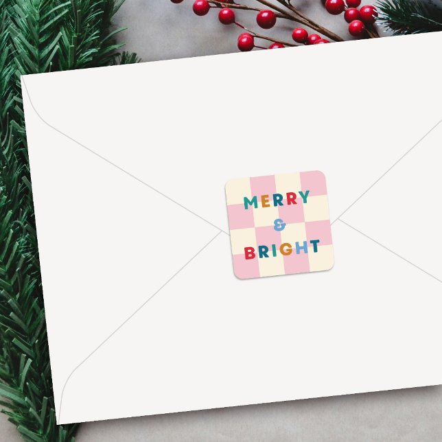 Adesivo Quadrado Checkerboard Merry & Bright Christmas Sticker (Criador carregado)