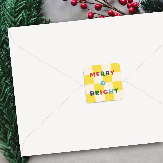 Adesivo Quadrado Checkerboard Merry & Bright Christmas Sticker (Criador carregado)