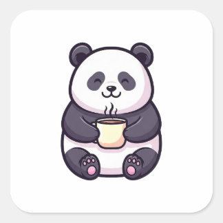 Adesivo Quadrado Cheerful Panda with Tea – Cute Whimsical Illustrat