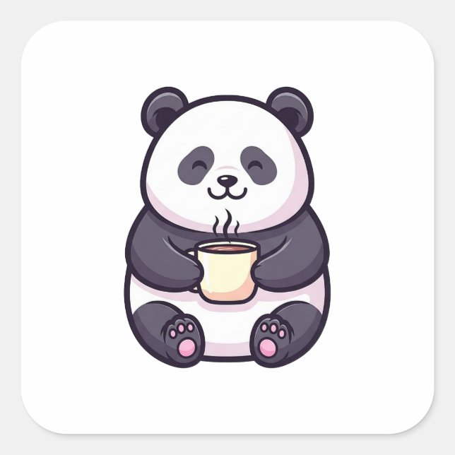 Adesivo Quadrado Cheerful Panda with Tea – Cute Whimsical Illustrat (Frente)
