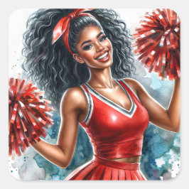 Adesivo Quadrado Cheerleader Africano-Americano Na Red Watercolor