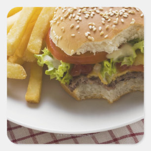 Adesivo Quadrado Cheeseburger, mordidas tomadas, com microplaquetas