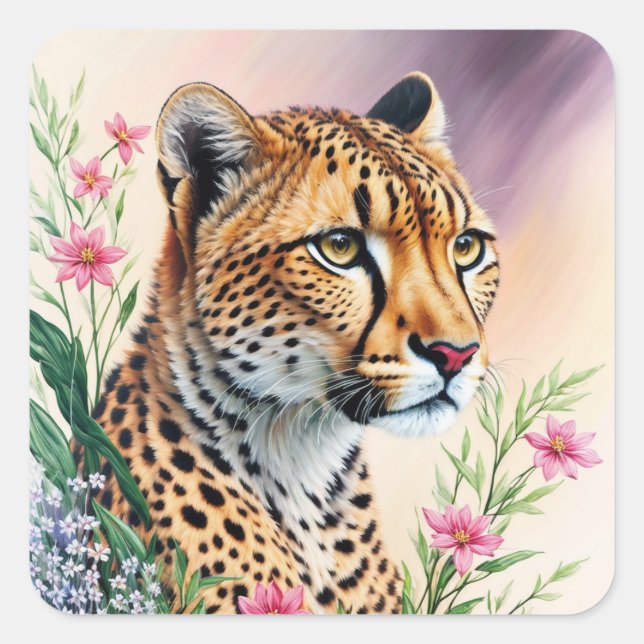 Adesivo Quadrado Cheetah Floral Pintura Felina (Frente)