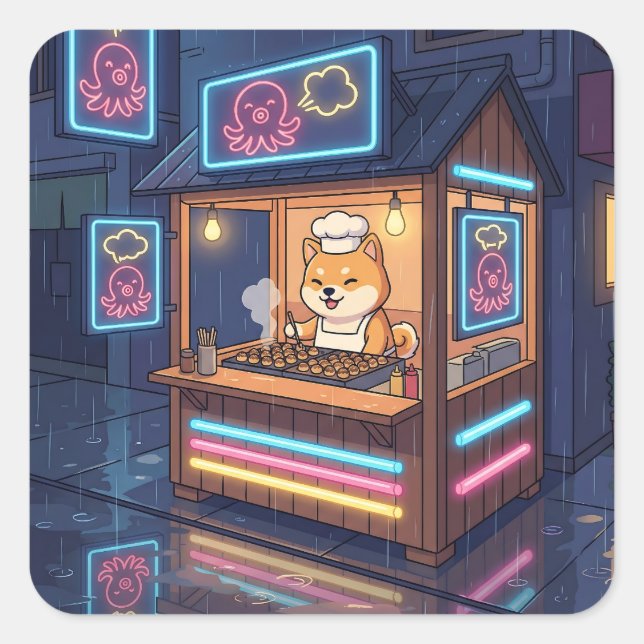 Adesivo Quadrado Chef Shiba's Neon Takoyaki Stand (Frente)