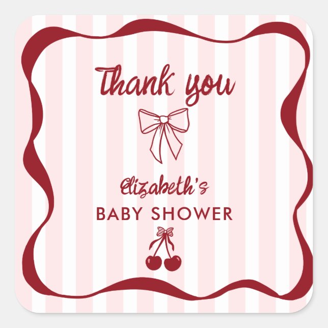 Adesivo Quadrado Cherry Baby Shower Thank you Bows Coquette (Frente)