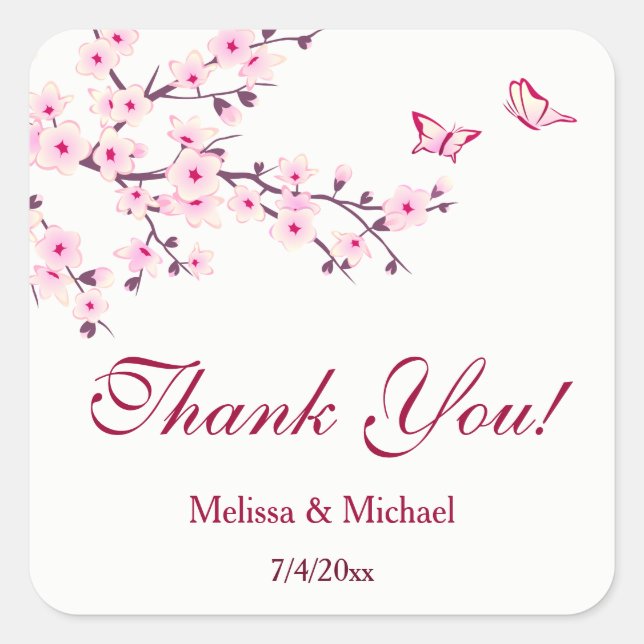 Adesivo Quadrado Cherry Blossom Obrigado Favor De Casamento (Frente)