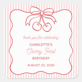 Adesivo Quadrado "Cherry First" Birthday Pink Thank You Favor