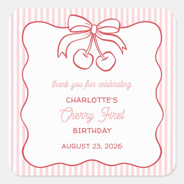 Adesivo Quadrado "Cherry First" Birthday Pink Thank You Favor (Frente)