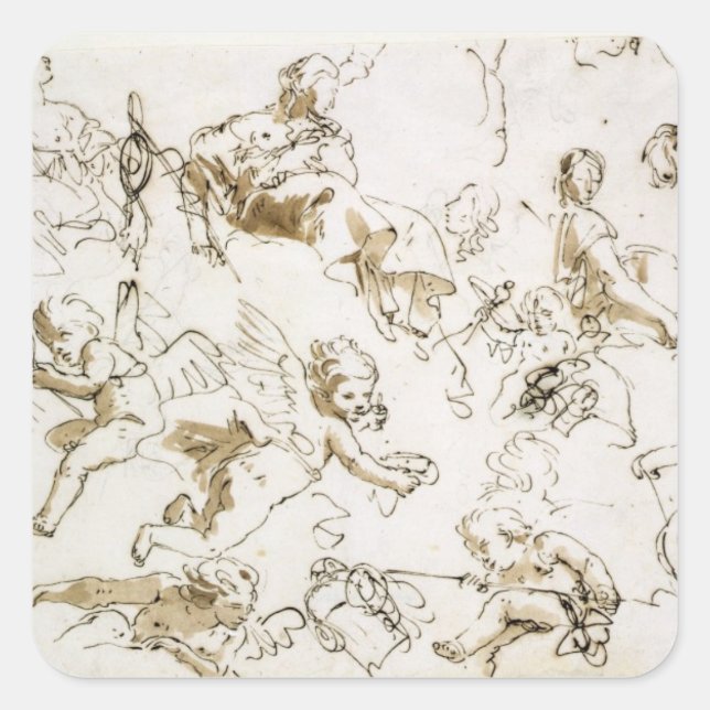Adesivo Quadrado Cherubs, início do século XVIII (caneta, tinta e l (Frente)