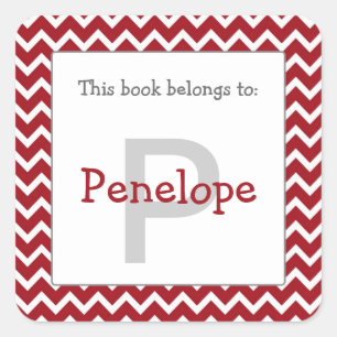 Adesivo Quadrado Chevron Monograma Bookplate Sticker vermelho