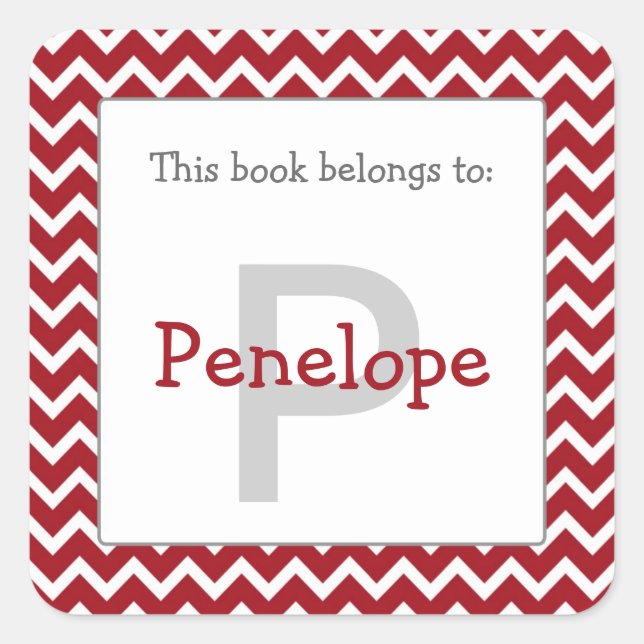 Adesivo Quadrado Chevron Monograma Bookplate Sticker vermelho (Frente)