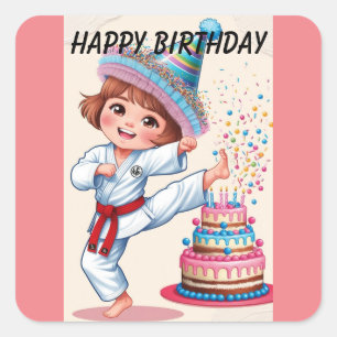 Adesivo Quadrado Chibi chutando bolo de aniversário