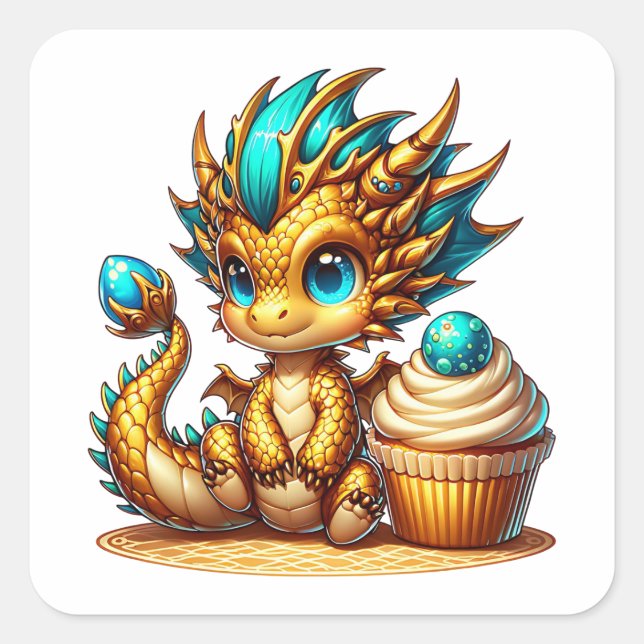 Adesivo Quadrado Chibi Dourado e Dragão Azul Cugado com Cupcake (Frente)
