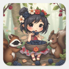Adesivo Quadrado Chibi Fairy Eating Blackberries with Forest Friend