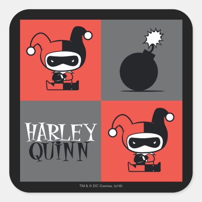 Adesivo Quadrado Chibi Harley Quinn Checker Patterno (Frente)