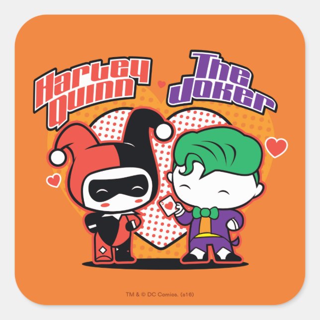 Adesivo Quadrado Chibi Harley Quinn & Chibi Joker Hearts (Frente)
