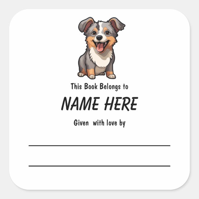 Adesivo Quadrado Chibi Puppy Children's Bookplate com mensagem (Frente)