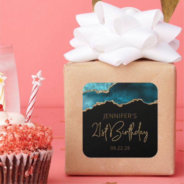 Adesivo Quadrado Chic Agate Geode Teal Dourada Parte (Festa)