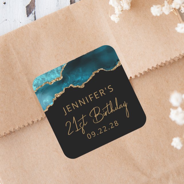 Adesivo Quadrado Chic Agate Geode Teal Dourada Parte (Criador carregado)