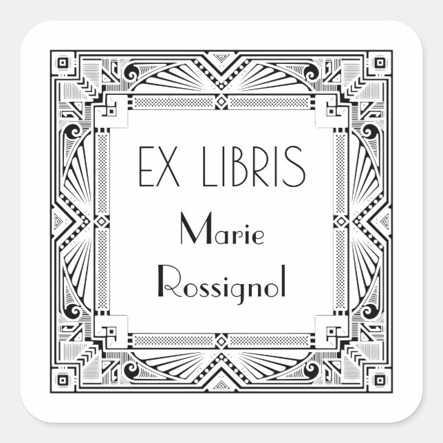 Adesivo Quadrado Chic Art Deco Nome Pessoal Ex Libris Bookplate (Frente)