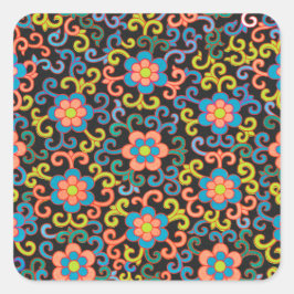 Adesivo Quadrado Chic Black Pattern with Colorful Floral