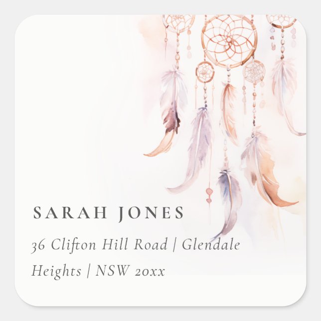 Adesivo Quadrado Chic Boho Feather Dreamcatcher Watercolor Address (Frente)
