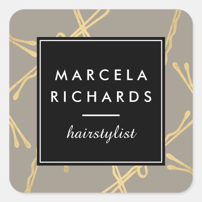 Adesivo Quadrado Chic Dourada Bobby Pins Hair Stylist Salon Cinza (Frente)