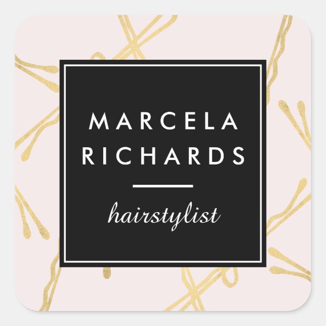 Adesivo Quadrado Chic Dourada Bobby Pins Hair Stylist Salon Rosa (Frente)